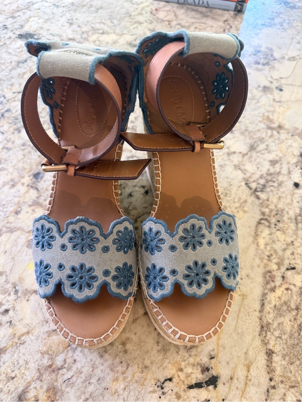 See By Chloe Blue Floral Suede Wedge Sandals